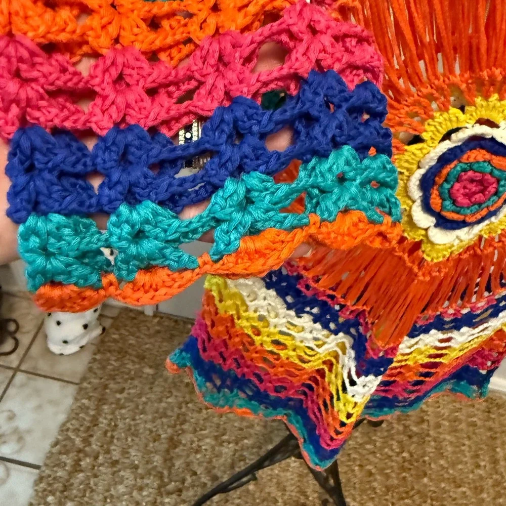 Colorful Boho Hippie Crocheted Open Knit Top Coverup Topper S M - Picture 6 of 7